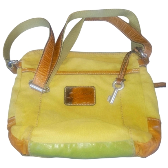 Fossil Canvas Leather Green and Brown/Caramel  Hobo Y2K Retro Crossbody Bag - Picture 8 of 9